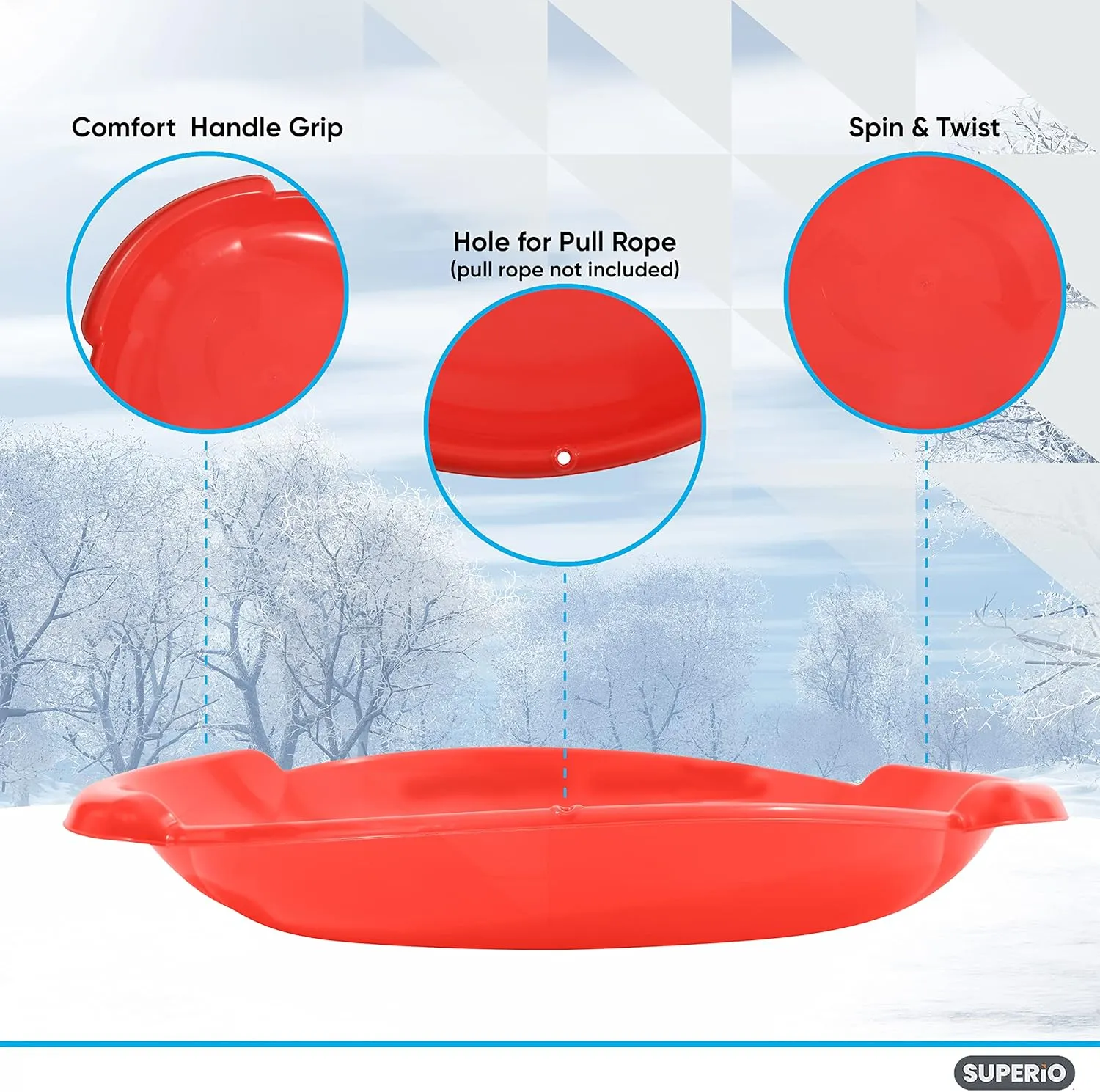 Superio Round Snow Saucer Sled- 24" Plastic Disc Sled for Kids and Adults- Heavy Duty Sled with Handles for Downhill Sledding, Winter Outdoor Sports