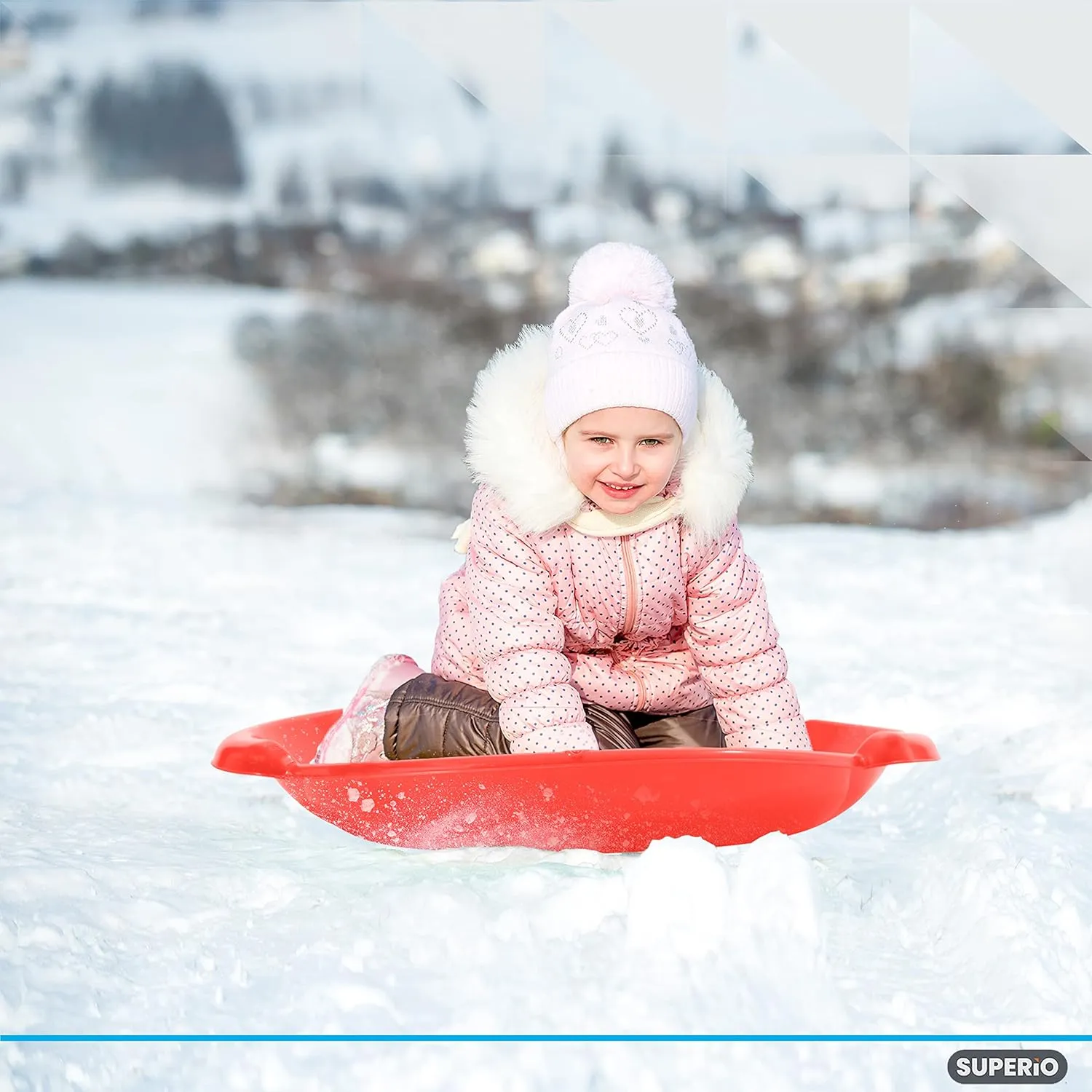 Superio Round Snow Saucer Sled- 24" Plastic Disc Sled for Kids and Adults- Heavy Duty Sled with Handles for Downhill Sledding, Winter Outdoor Sports