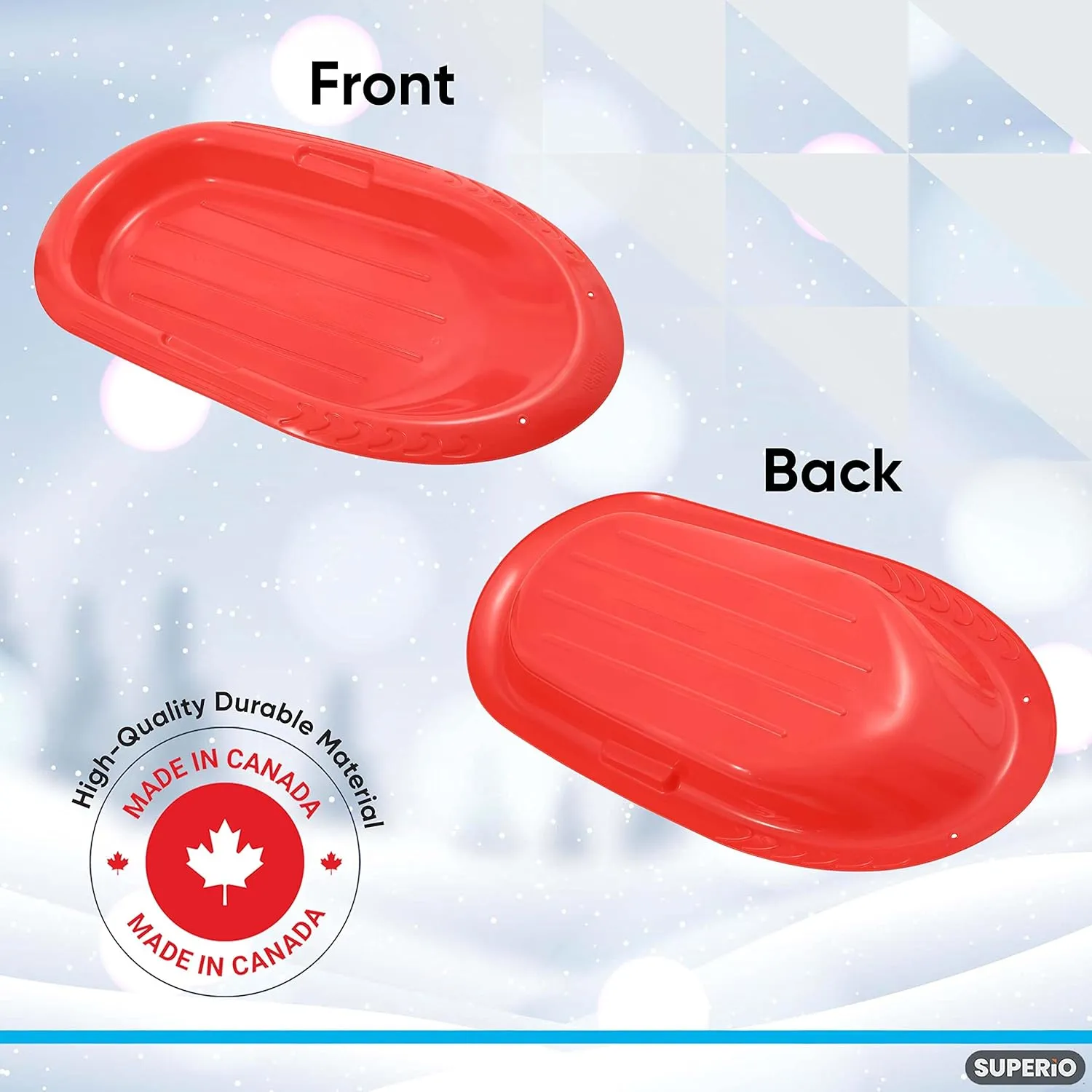 Superio Toboggan Snow Sleds for Kids and Adults, 2 Pack Heavy Duty Plastic Sliders with Handles and Hole for Pull Ropes- Kid and Adult Winter Fun