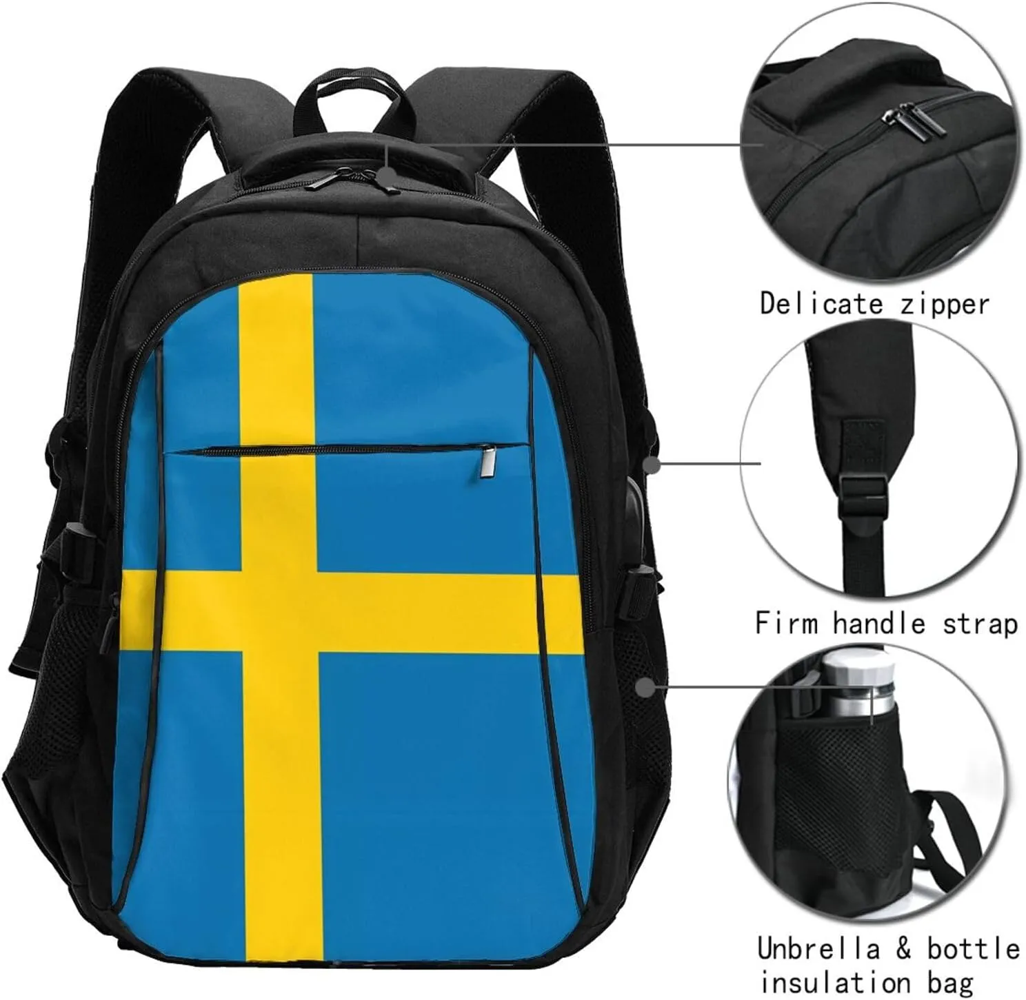 Swedish Sweden Flag Business Laptop Backpack Travel Backpacks Outdoor Rucksack Large Bag Daypack with USB Charging Port Multi-Pocket for Hiking Camping
