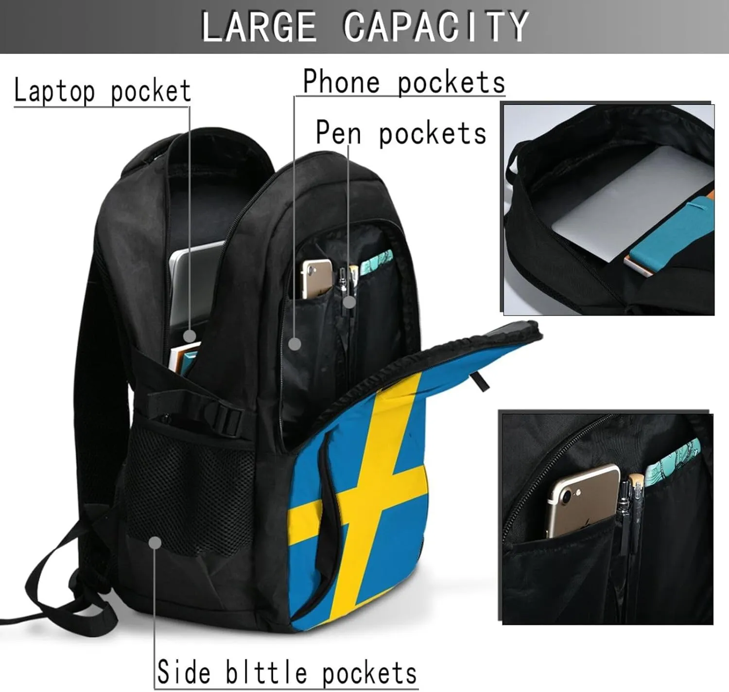 Swedish Sweden Flag Business Laptop Backpack Travel Backpacks Outdoor Rucksack Large Bag Daypack with USB Charging Port Multi-Pocket for Hiking Camping