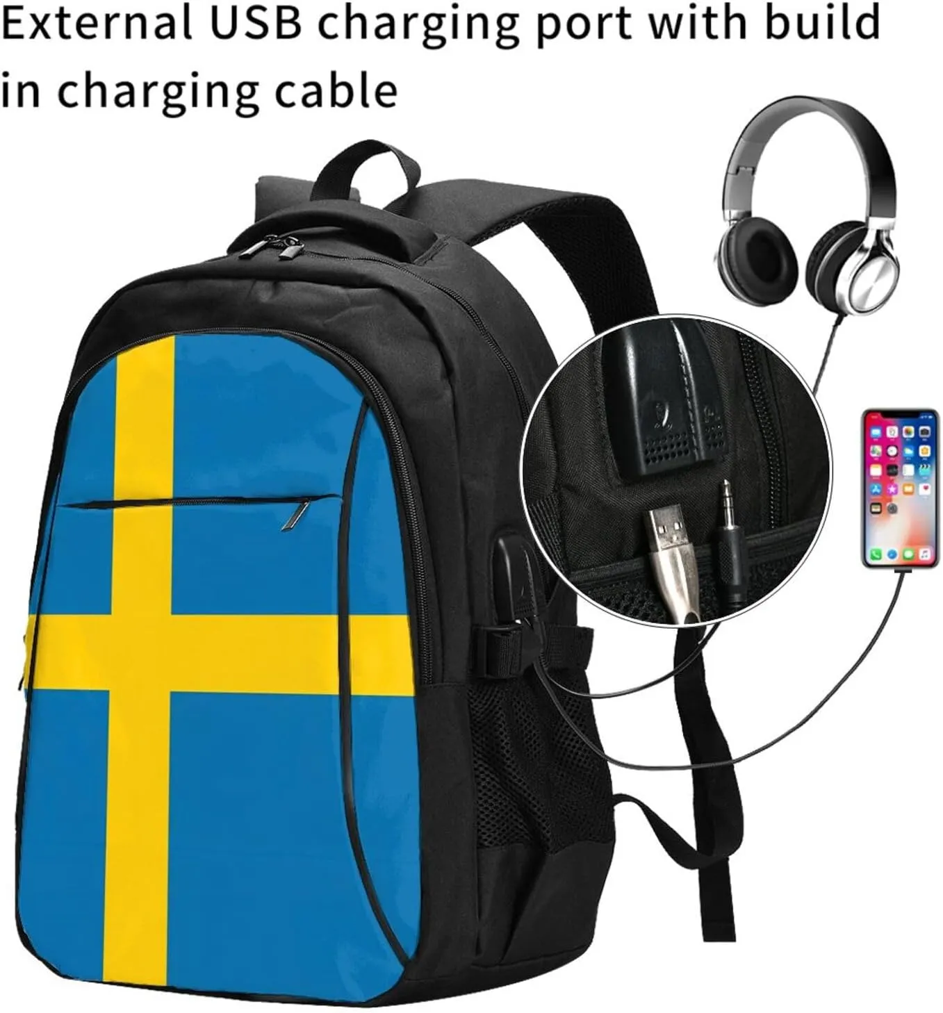 Swedish Sweden Flag Business Laptop Backpack Travel Backpacks Outdoor Rucksack Large Bag Daypack with USB Charging Port Multi-Pocket for Hiking Camping