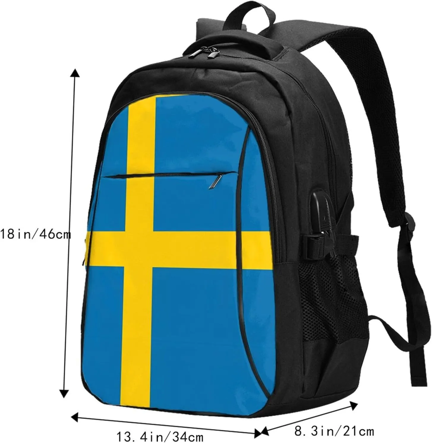 Swedish Sweden Flag Business Laptop Backpack Travel Backpacks Outdoor Rucksack Large Bag Daypack with USB Charging Port Multi-Pocket for Hiking Camping