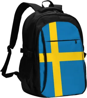 Swedish Sweden Flag Business Laptop Backpack Travel Backpacks Outdoor Rucksack Large Bag Daypack with USB Charging Port Multi-Pocket for Hiking Camping