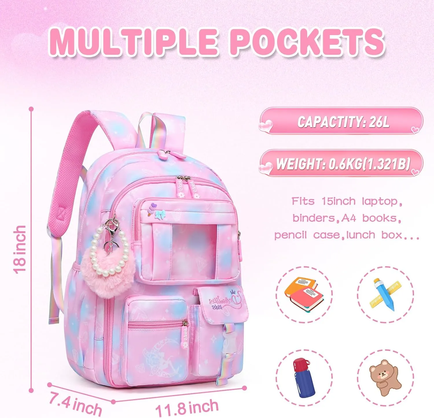 Sweet Girls Backpack - Stylish Splash-resistant School Bag with Multiple Pockets & Trendy Laptop Compartment（17inch Pink）