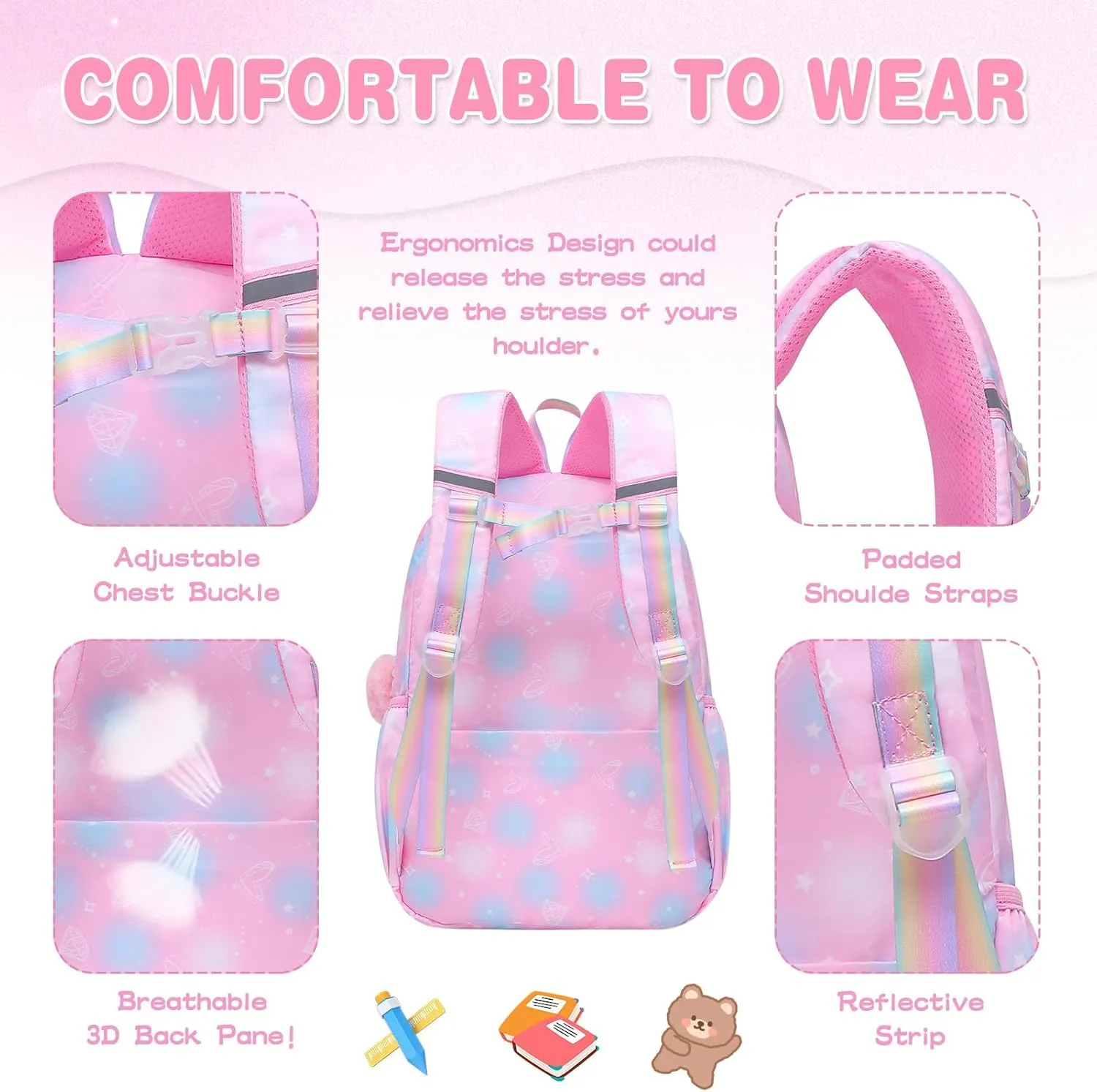 Sweet Girls Backpack - Stylish Splash-resistant School Bag with Multiple Pockets & Trendy Laptop Compartment（17inch Pink）