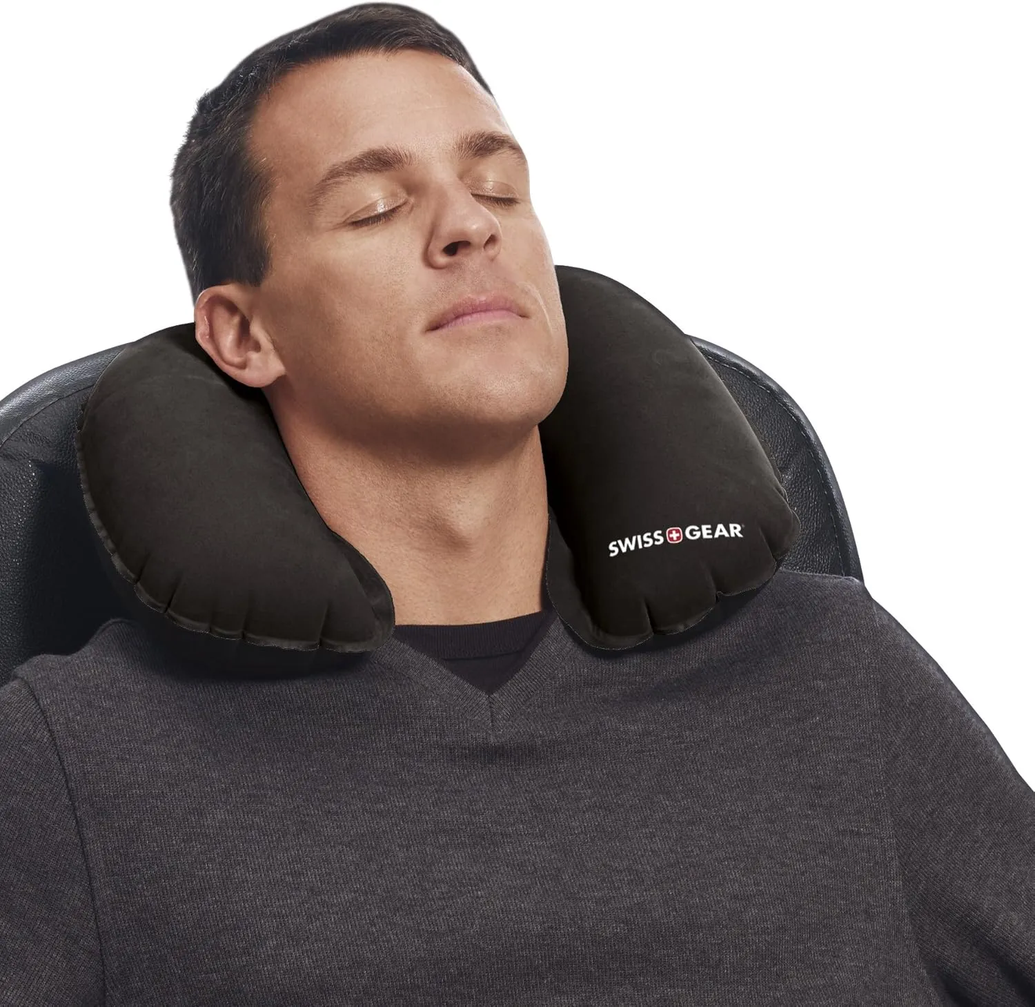 SwissGear Quick-Inflate Travel Neck Pillow in Black for Neck Pain, Headaches, Muscle Recovery, Travel, Sleep, Leisure