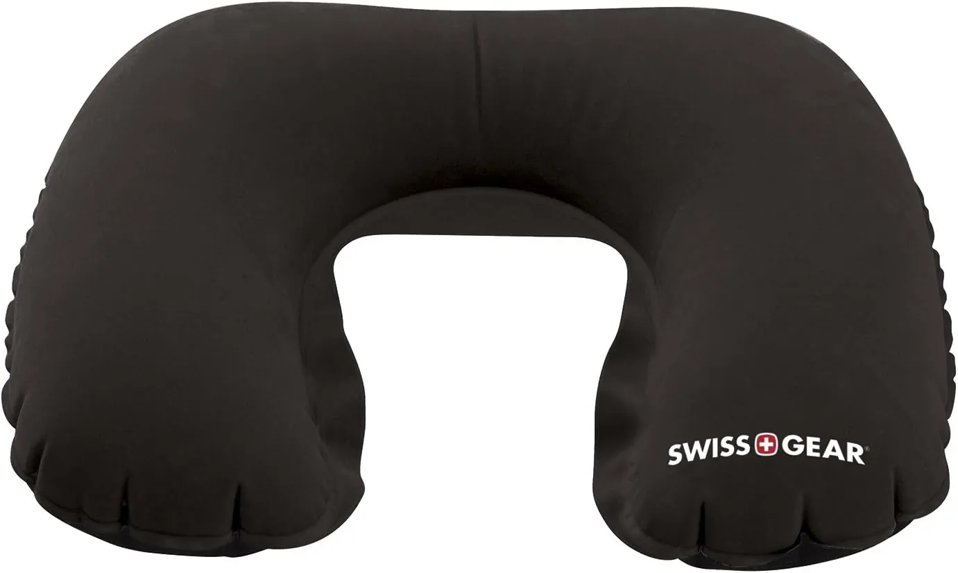 SwissGear Quick-Inflate Travel Neck Pillow in Black for Neck Pain, Headaches, Muscle Recovery, Travel, Sleep, Leisure