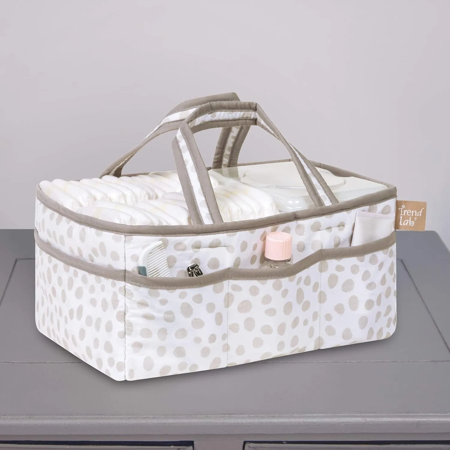 Sydney Storage Caddy-Dalmatian Dot Body and Handles, Dalmatian Dot Lining, Solid Gray Trim, Grays, White, Two Handles, 12 in x 6 in x 8 in