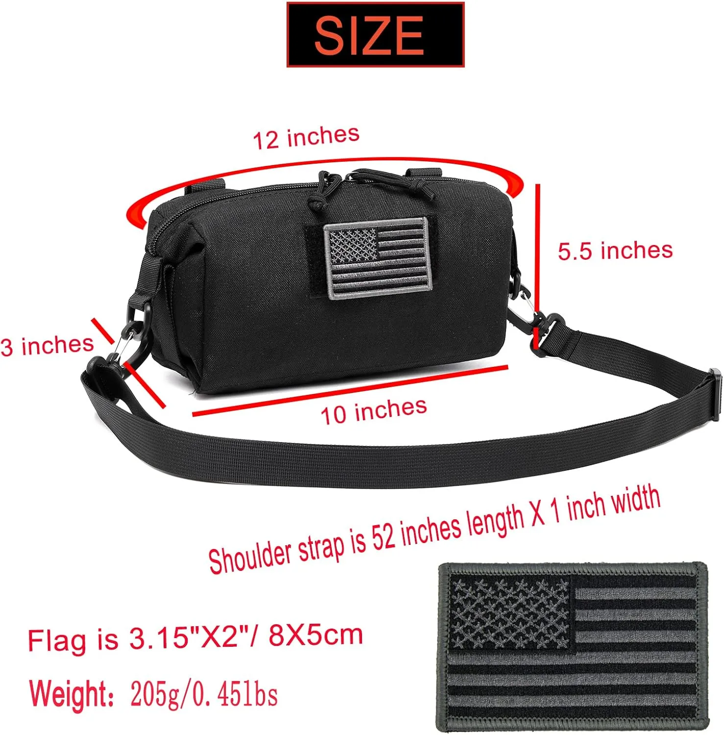 Tactical Increment Molle Pouch, Large Capacity Admin Utility Pouches, Horizontal Short Trips Bag, Multi-Purpose Sling Bag with Shoulder Strap and US Patch