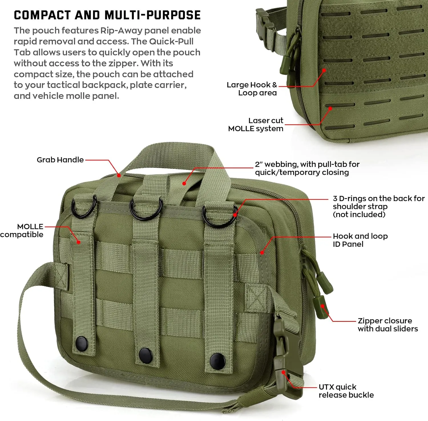 Tactical Molle Medical Pouch - Upgraded Size, Large Capacity IFAK Pouch with Detachable Quick Release and Headrest Mount, Includes Flag and Cross Patch