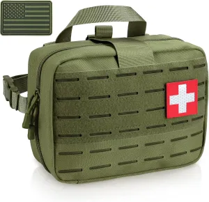Tactical Molle Medical Pouch - Upgraded Size, Large Capacity IFAK Pouch with Detachable Quick Release and Headrest Mount, Includes Flag and Cross Patch