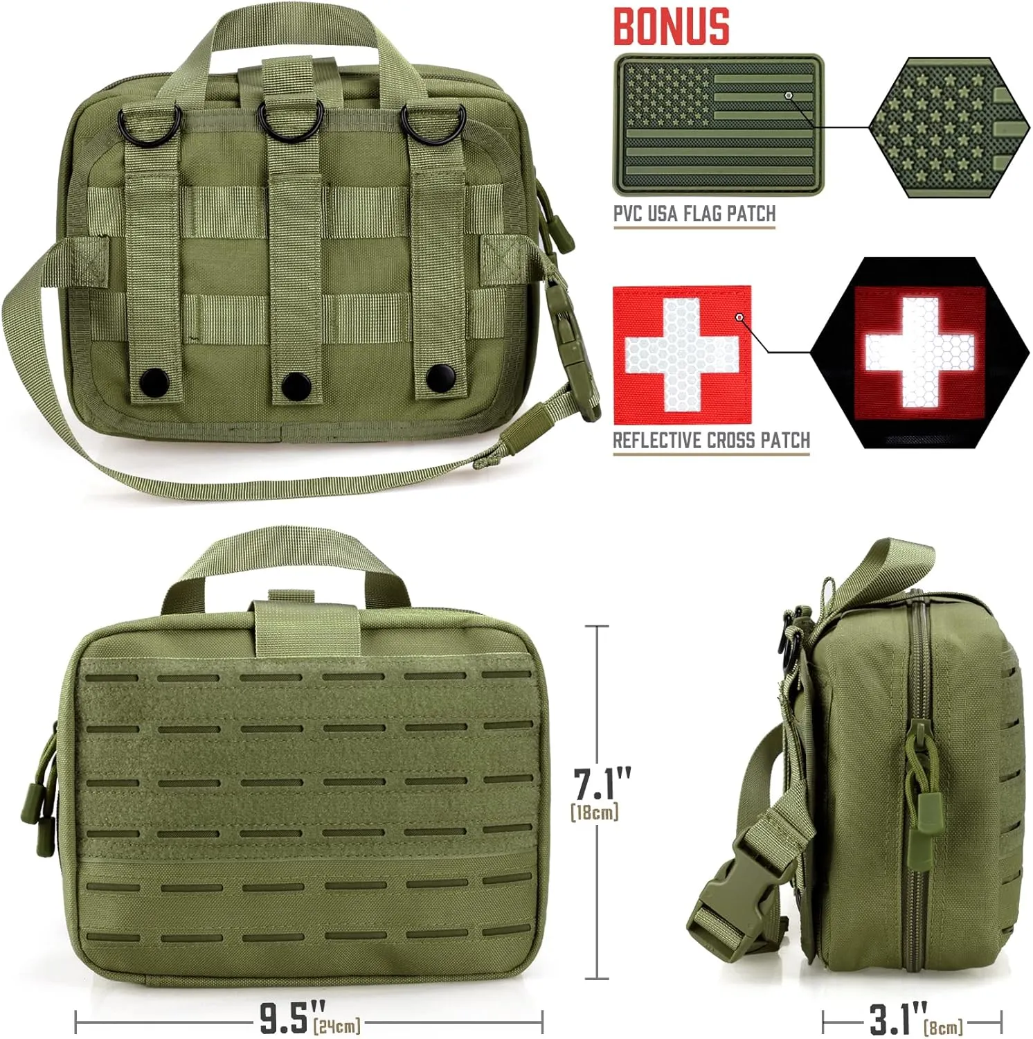 Tactical Molle Medical Pouch - Upgraded Size, Large Capacity IFAK Pouch with Detachable Quick Release and Headrest Mount, Includes Flag and Cross Patch