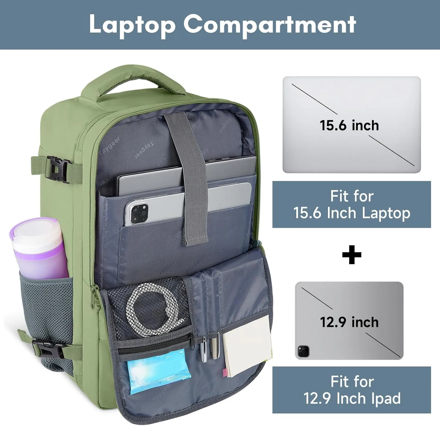Taygeer Travel Carry on Backpack for Men Women, Airplane Approved Travel Backpack Suitcase with USB Charging Port, College 35l Luggage Bag 15.6inch Laptop Mochila Gifts for Business, Light Gree