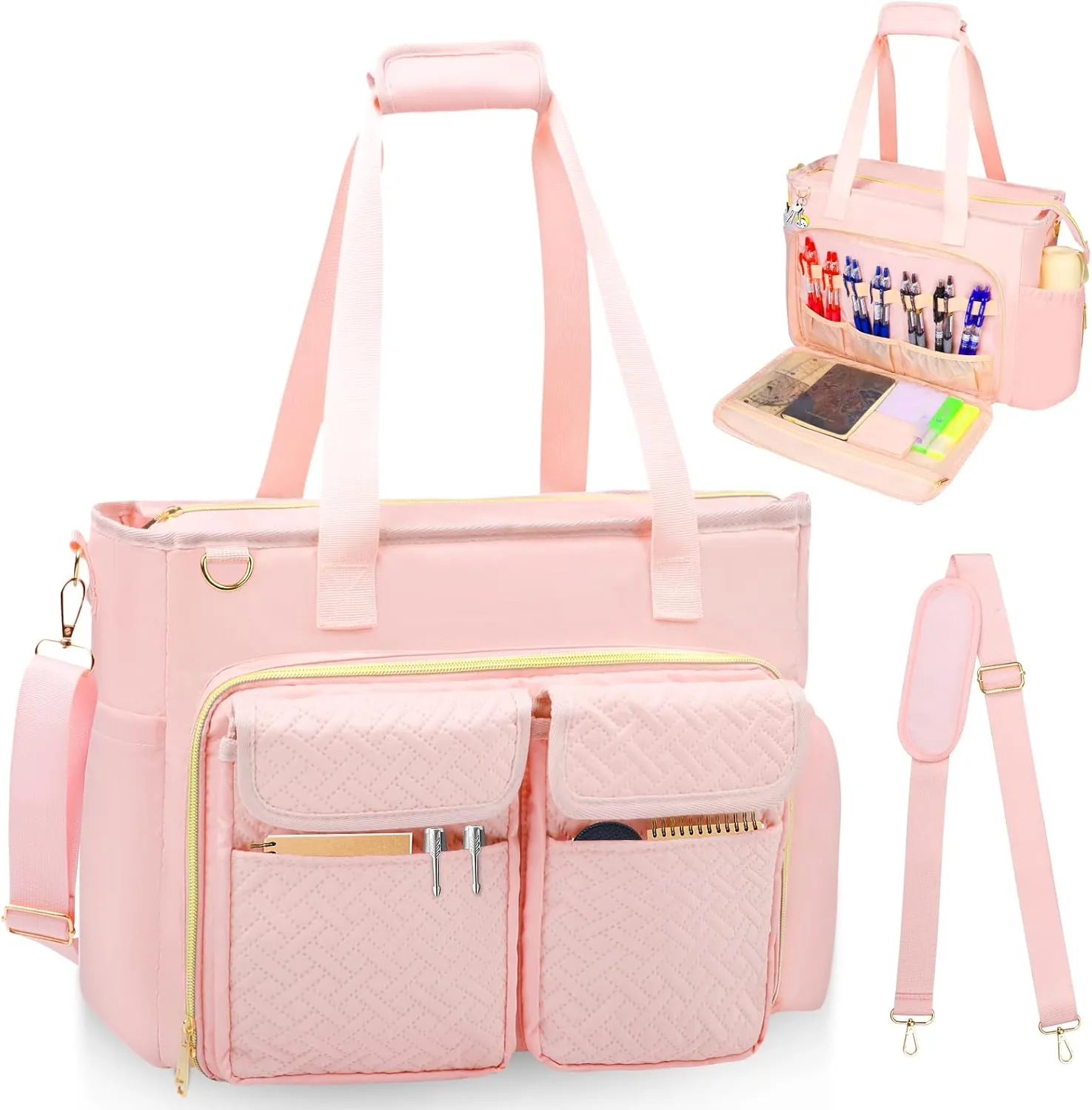 Teacher Tote Bag with 15.6 Inch Laptop Compartment, Soft Nylon Teacher Utility Bag with Multiple Pocket& Shoulder Strap, Large Work Tote Bag for Office& Teacher Supplies Organizer Women (Pink)