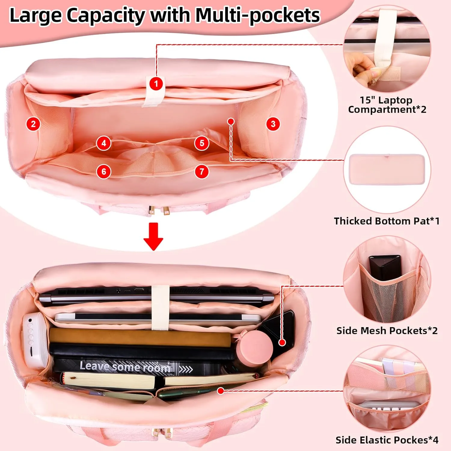 Teacher Tote Bag with 15.6 Inch Laptop Compartment, Soft Nylon Teacher Utility Bag with Multiple Pocket& Shoulder Strap, Large Work Tote Bag for Office& Teacher Supplies Organizer Women (Pink)