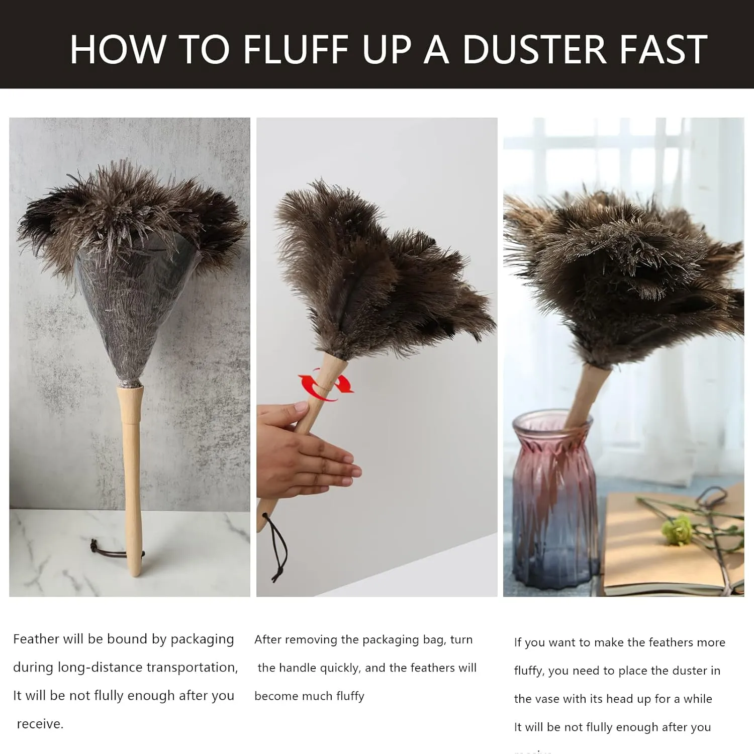 THARAHT 2PCS Ostrich Feather Duster 16 Inch Fluffy Natural with Wood Handle Reusable Washable for Cleaning Keyboard,Home,Car,Office Ostrich Feather Duster