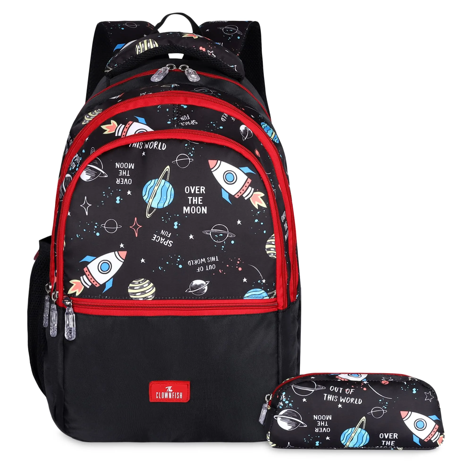 THE CLOWNFISH Edutrek Series Printed Polyester 36 L School Backpack with Pencil/Stationery Pouch School Bag Front Zip Pocket Daypack Picnic Bag For School Going Boys & Girls Age-10  years (Jet Black)
