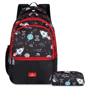 THE CLOWNFISH Edutrek Series Printed Polyester 36 L School Backpack with Pencil/Stationery Pouch School Bag Front Zip Pocket Daypack Picnic Bag For School Going Boys & Girls Age-10  years (Jet Black)