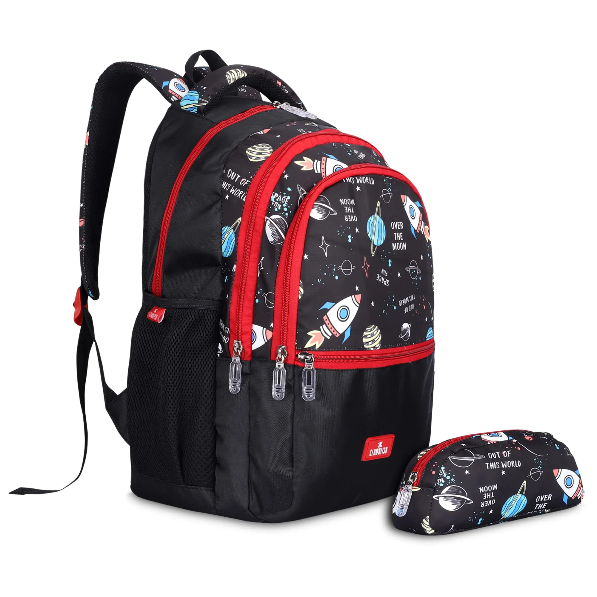 THE CLOWNFISH Edutrek Series Printed Polyester 36 L School Backpack with Pencil/Stationery Pouch School Bag Front Zip Pocket Daypack Picnic Bag For School Going Boys & Girls Age-10  years (Jet Black)