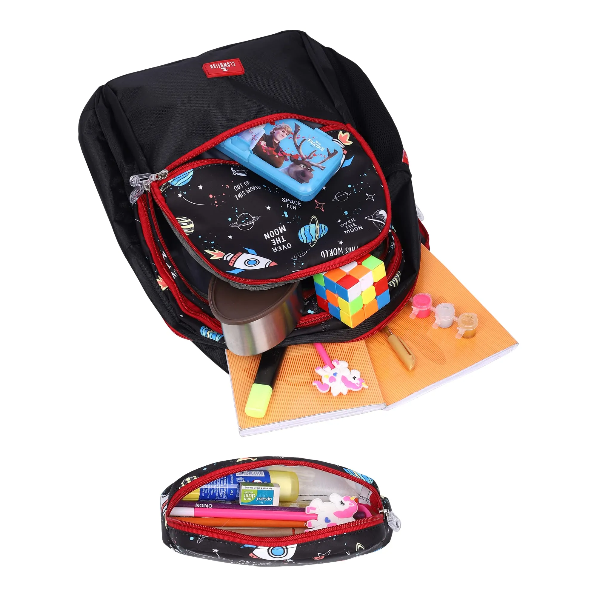 THE CLOWNFISH Edutrek Series Printed Polyester 36 L School Backpack with Pencil/Stationery Pouch School Bag Front Zip Pocket Daypack Picnic Bag For School Going Boys & Girls Age-10  years (Jet Black)