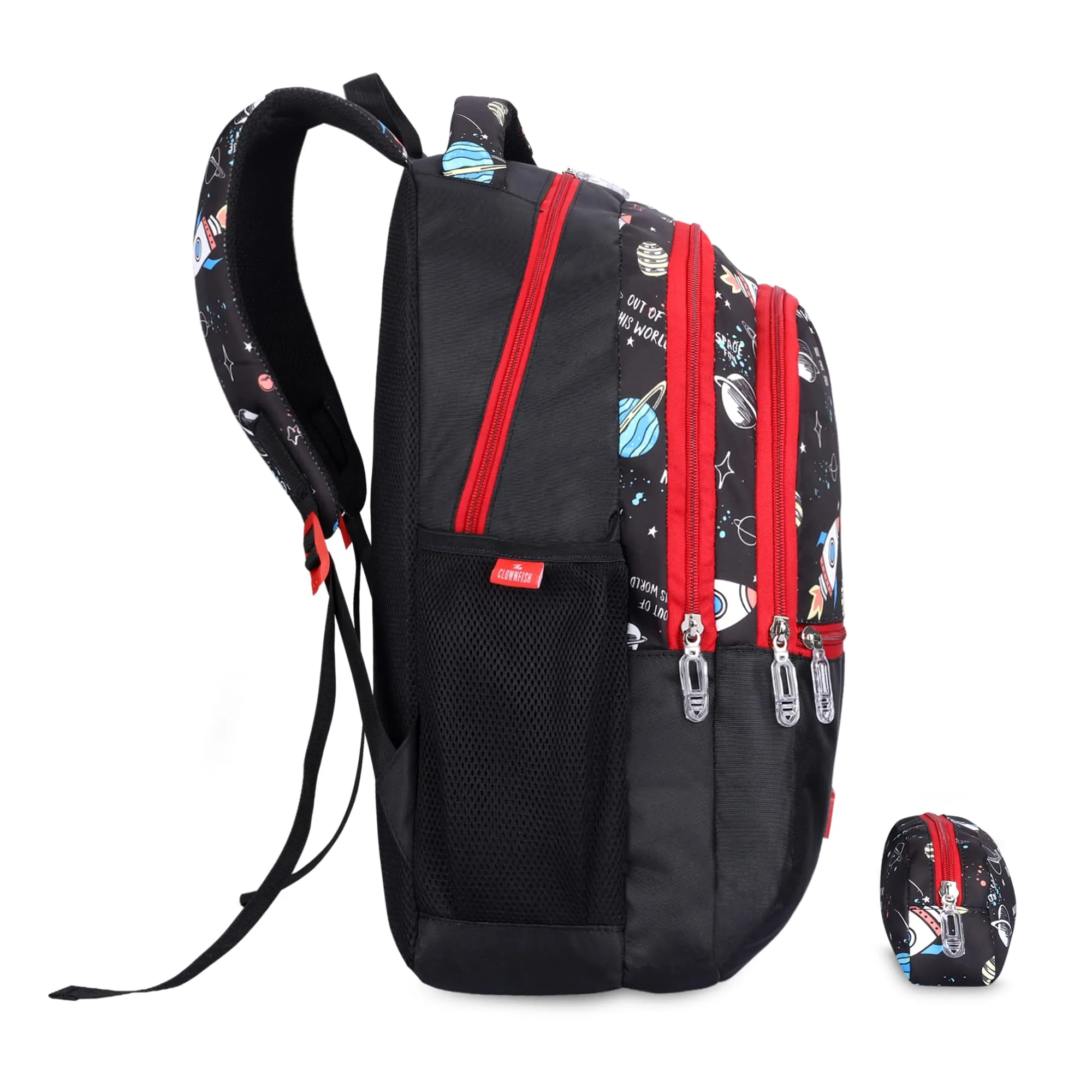 THE CLOWNFISH Edutrek Series Printed Polyester 36 L School Backpack with Pencil/Stationery Pouch School Bag Front Zip Pocket Daypack Picnic Bag For School Going Boys & Girls Age-10  years (Jet Black)