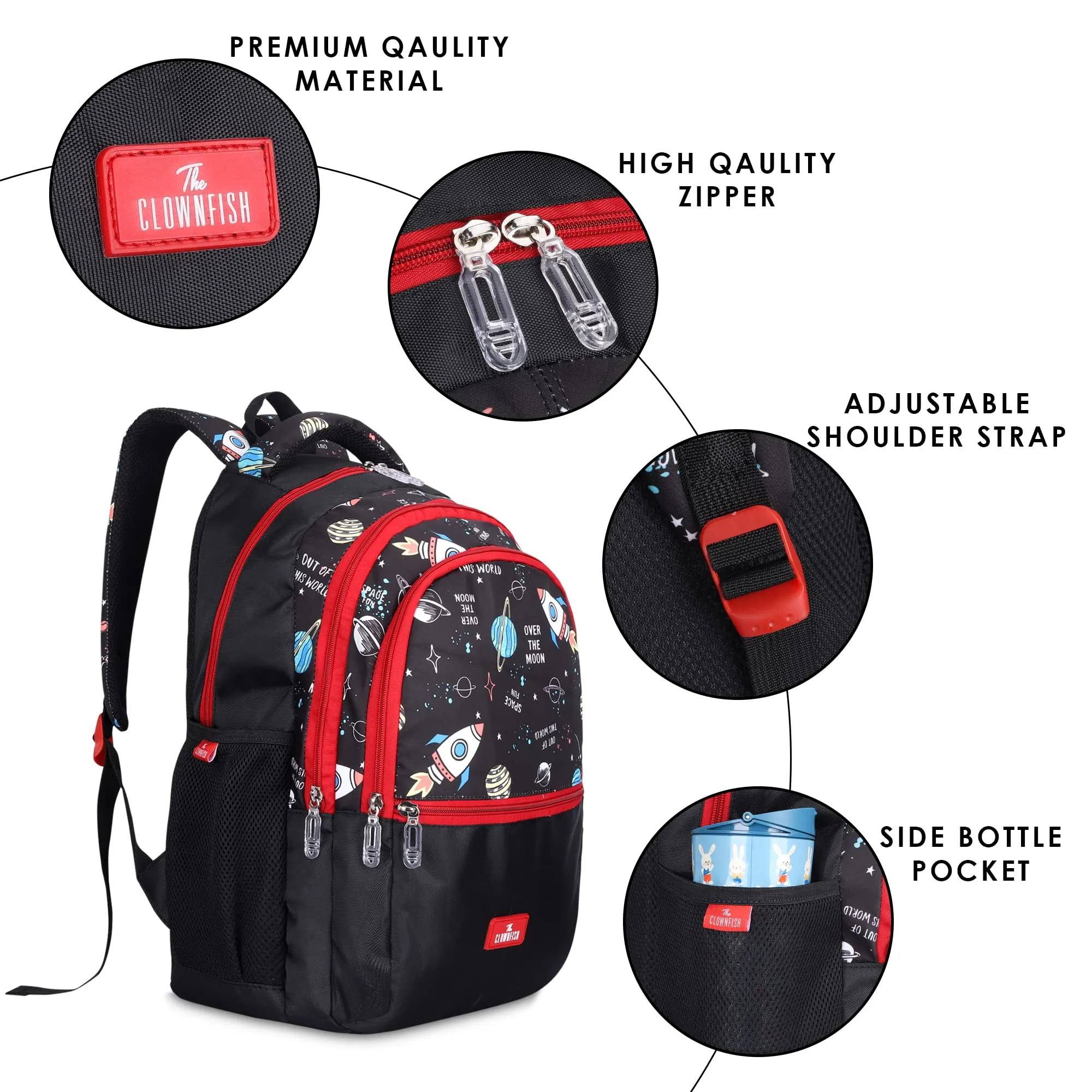 THE CLOWNFISH Edutrek Series Printed Polyester 36 L School Backpack with Pencil/Stationery Pouch School Bag Front Zip Pocket Daypack Picnic Bag For School Going Boys & Girls Age-10  years (Jet Black)