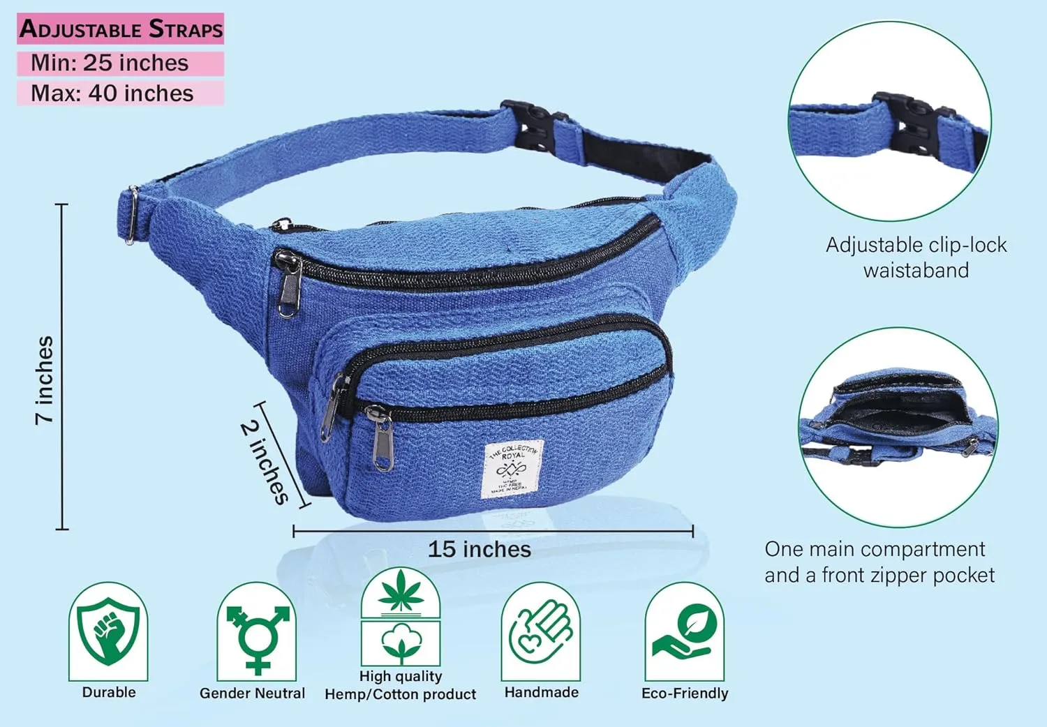 THE COLLECTION ROYAL Himalayan Hemp and Cotton Fanny Pack, Eco-friendly, Boho, Hippie, Waist Belt, Travel Utility Belt