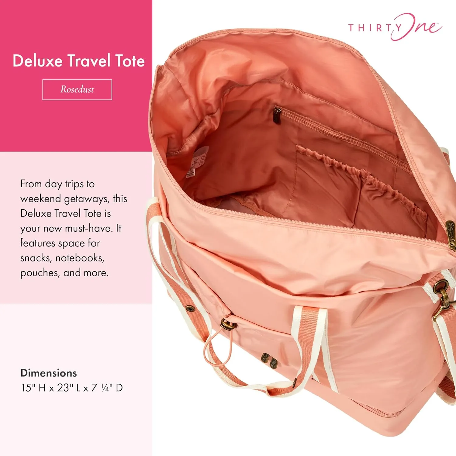 Thirty-One Gifts Deluxe Travel Tote Bag, Multiple-Pocket Tote Bag for Travel and Work, Rosedust