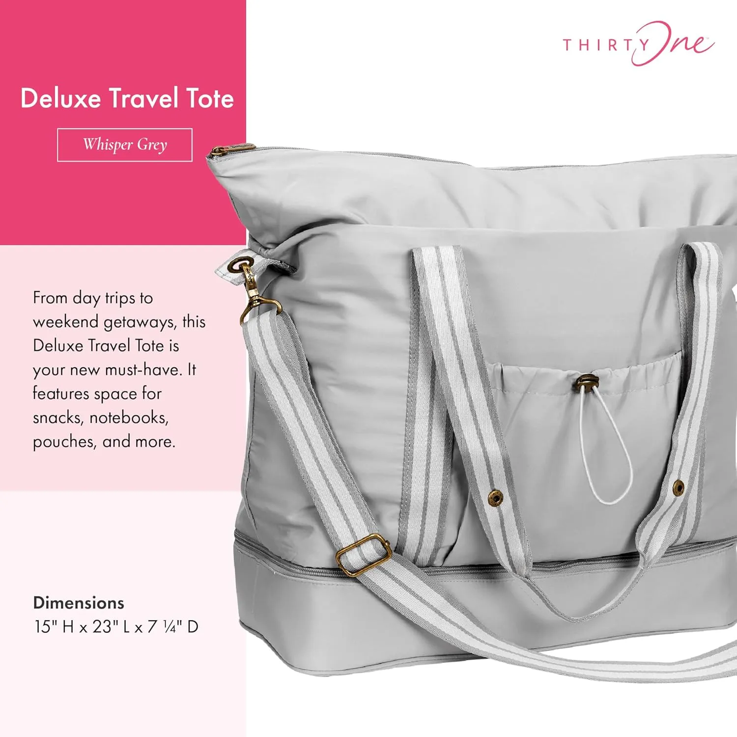 Thirty-One Gifts Deluxe Travel Tote Bag, Multiple-Pocket Tote Bag for Travel and Work, Whisper Grey