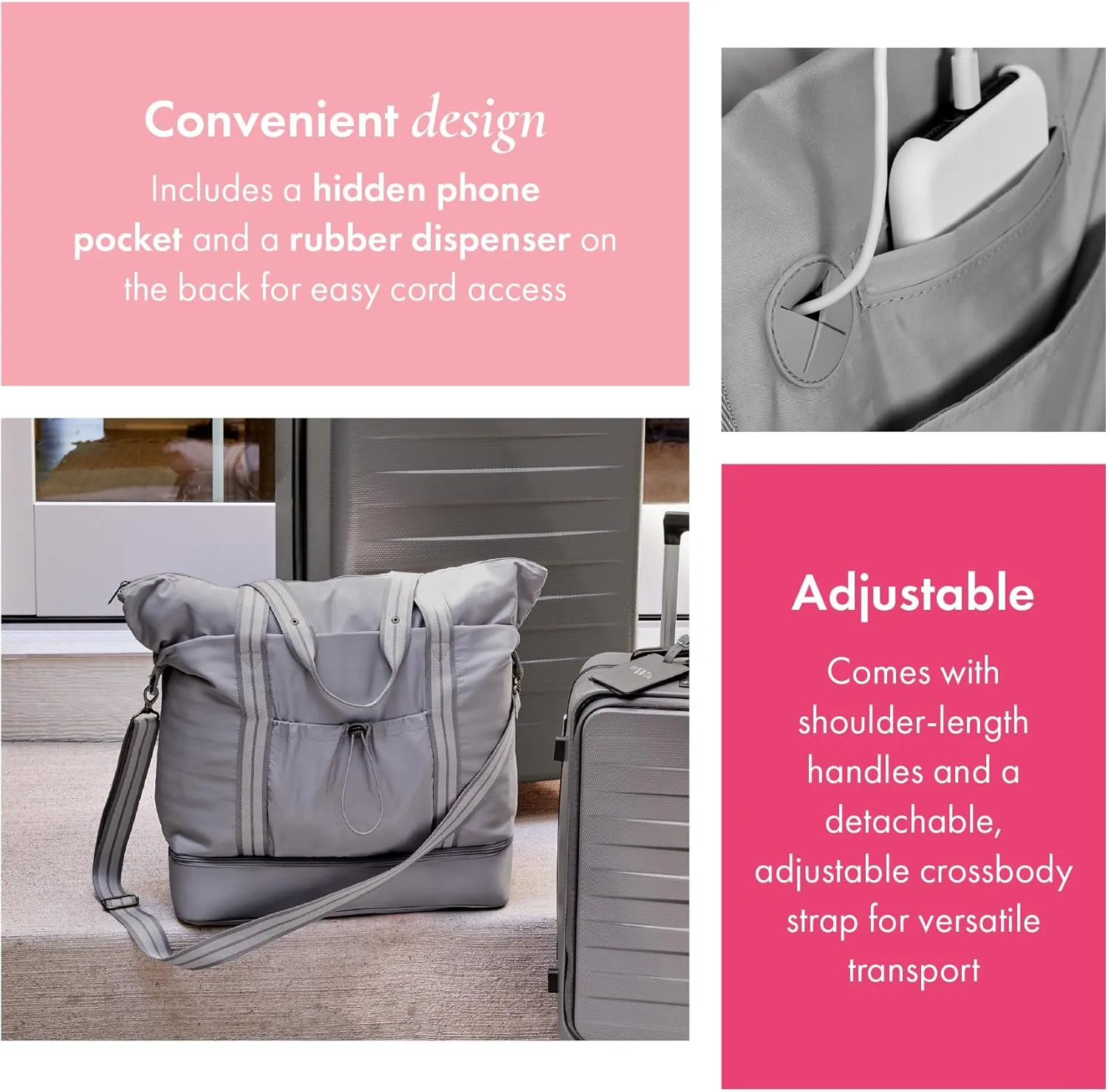 Thirty-One Gifts Deluxe Travel Tote Bag, Multiple-Pocket Tote Bag for Travel and Work, Whisper Grey