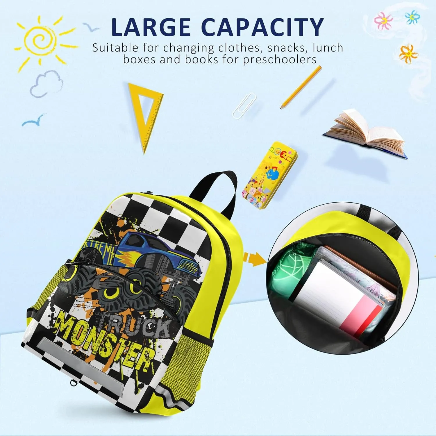 Toddler Backpack,Monster HighTruck Cars Preschool Backpack for Toddlers Boys Girls with Chest clip