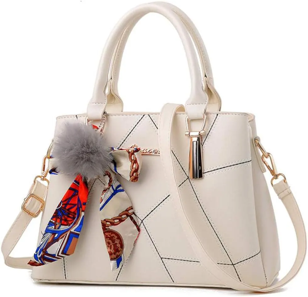 Top-handle Handbags Purse Soft PU Leather Crossbody Shoulder Bag Satchel with Bowknot Plush Ball Pendant