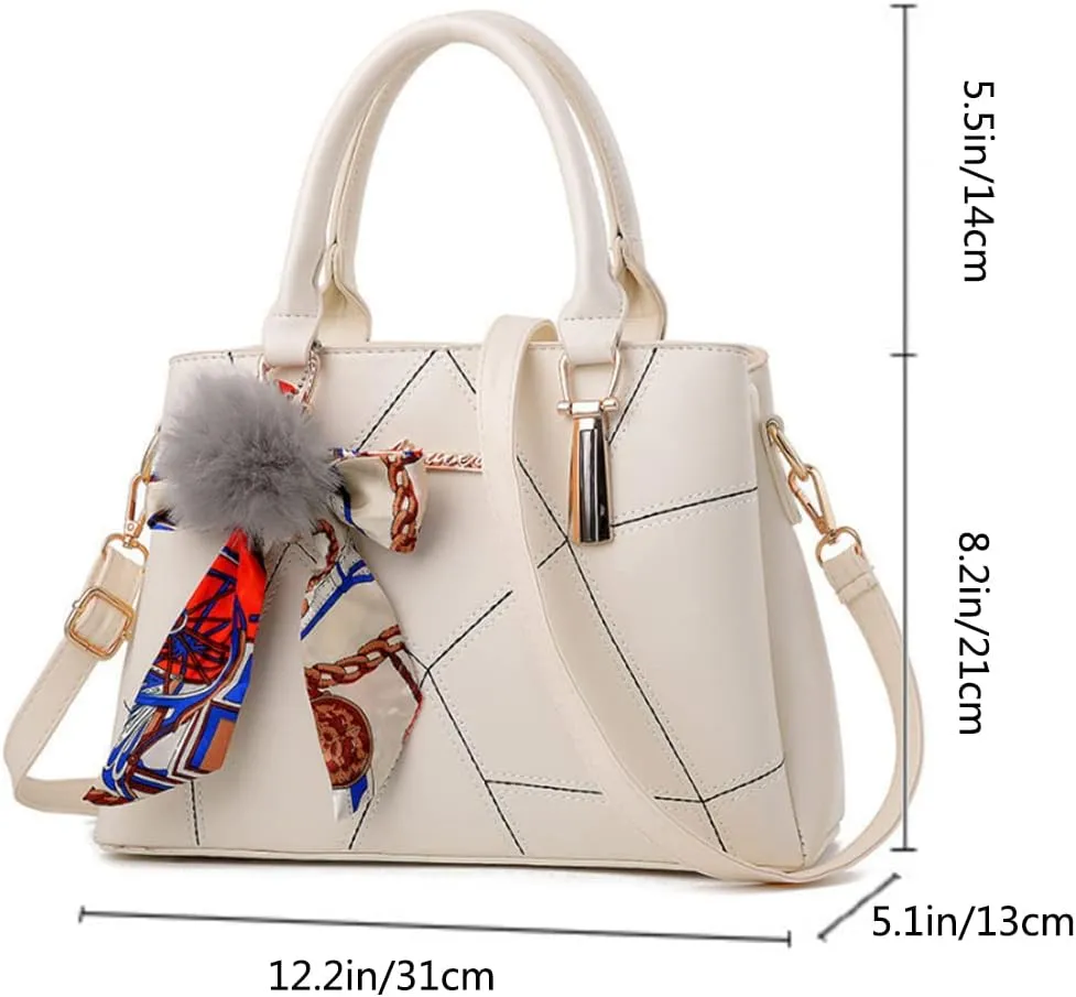 Top-handle Handbags Purse Soft PU Leather Crossbody Shoulder Bag Satchel with Bowknot Plush Ball Pendant