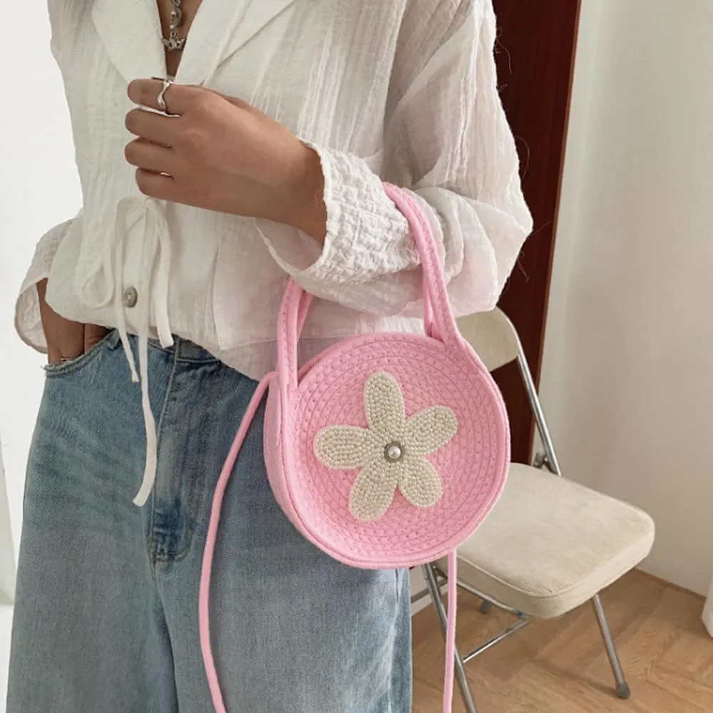 Tote Bag for Women Cotton Purses and Handbags Hand-Woven Top Handle Satchel Bag Flower Crossbody Shoulder Handbag Pink