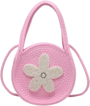 Tote Bag for Women Cotton Purses and Handbags Hand-Woven Top Handle Satchel Bag Flower Crossbody Shoulder Handbag Pink