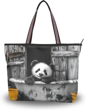 Tote Bag for Women Panda Bathtub Wood Durable Designer Handbag with Zipper for Daily Use Travel L