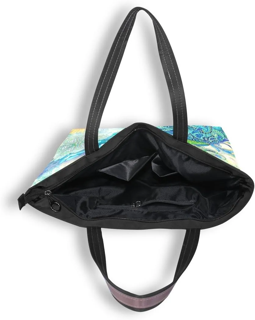 Tote Bag for Women with Zipper and Pockets,Polyester Tote Bag Pattern Tote Purse Women Handbag