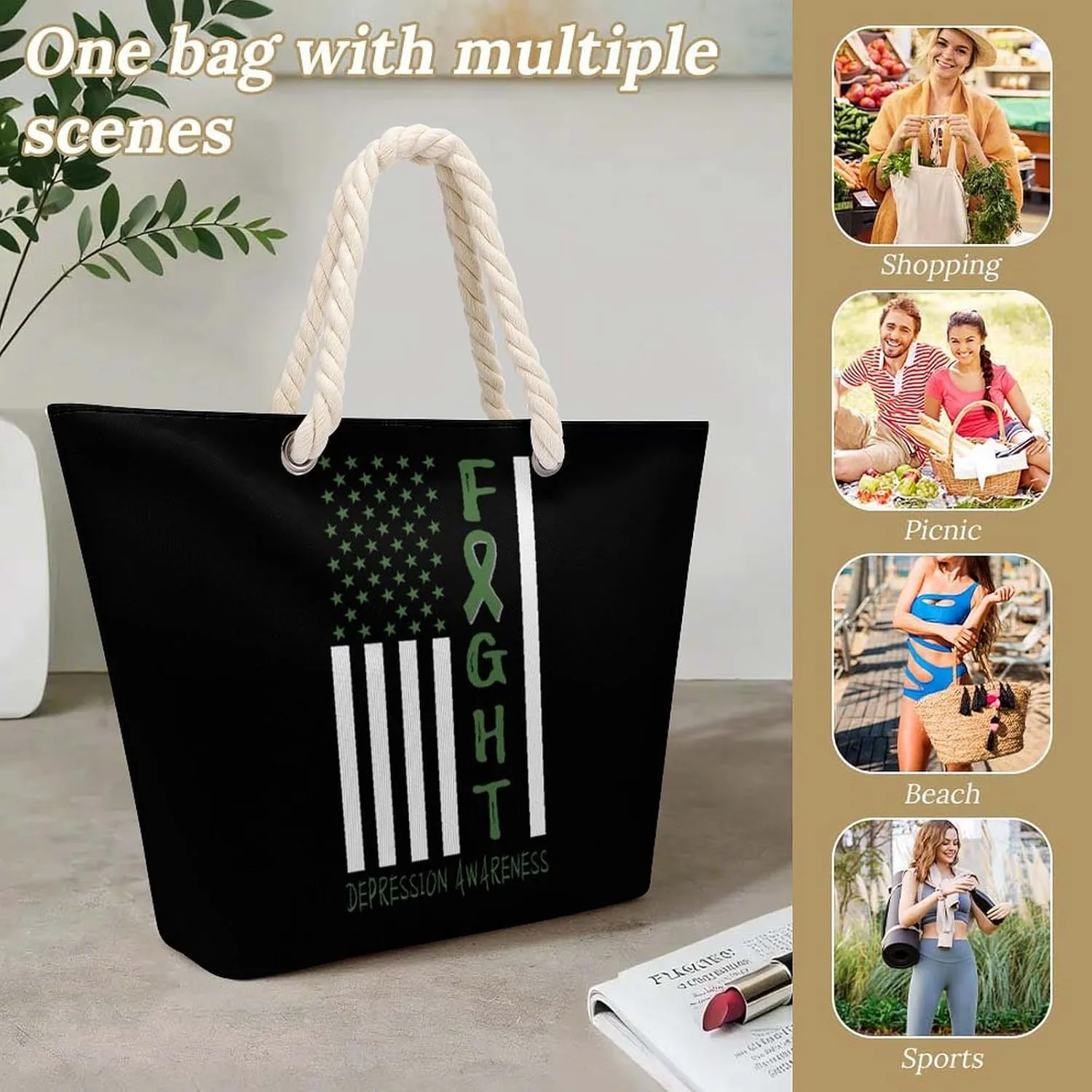 Tote Bag Large Handles Beach Bag with Zipper for Shopping Groceries Travel Outdoors Swim Pool Bag