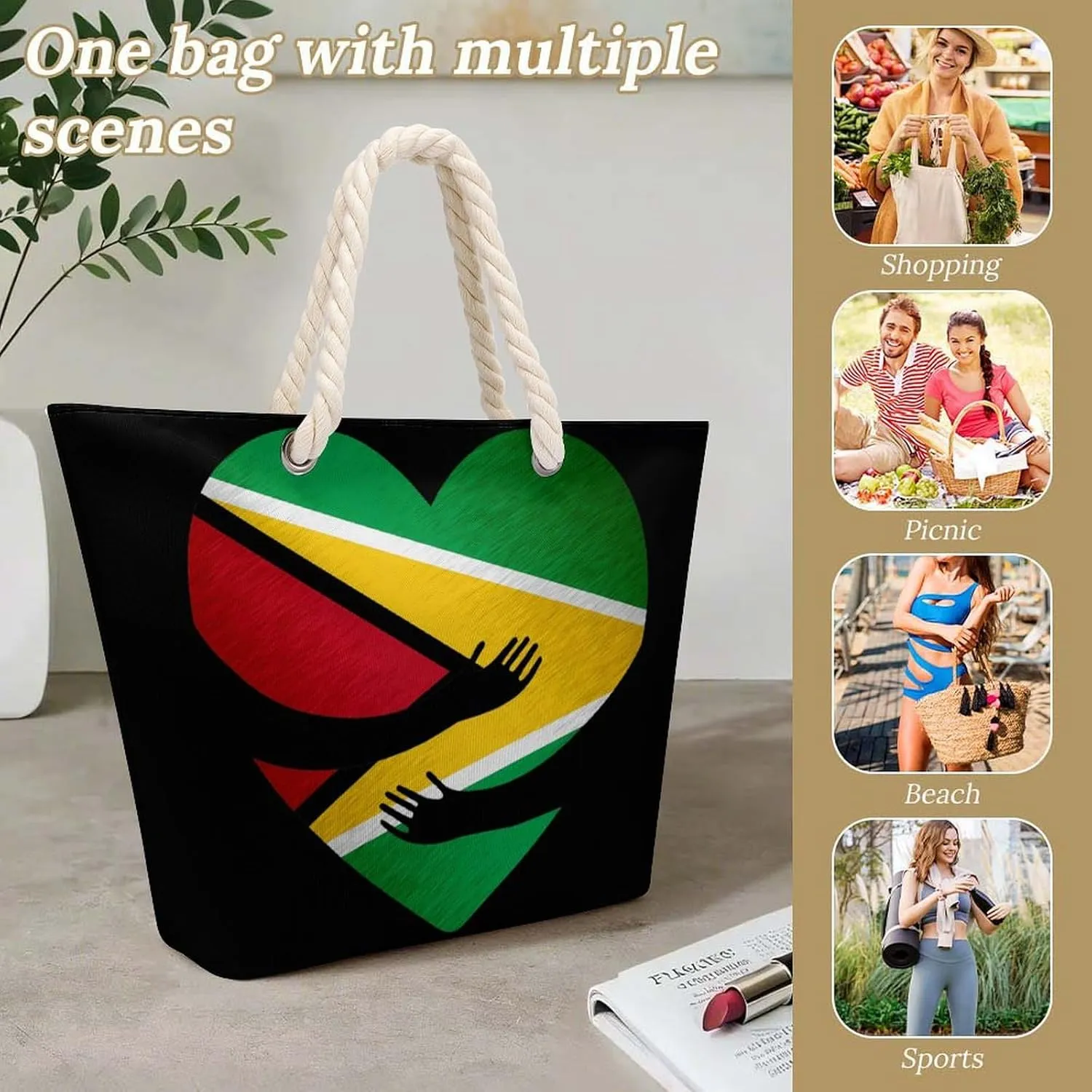 Tote Bag Large Handles Beach Bag with Zipper for Shopping Groceries Travel Outdoors Swim Pool Bag