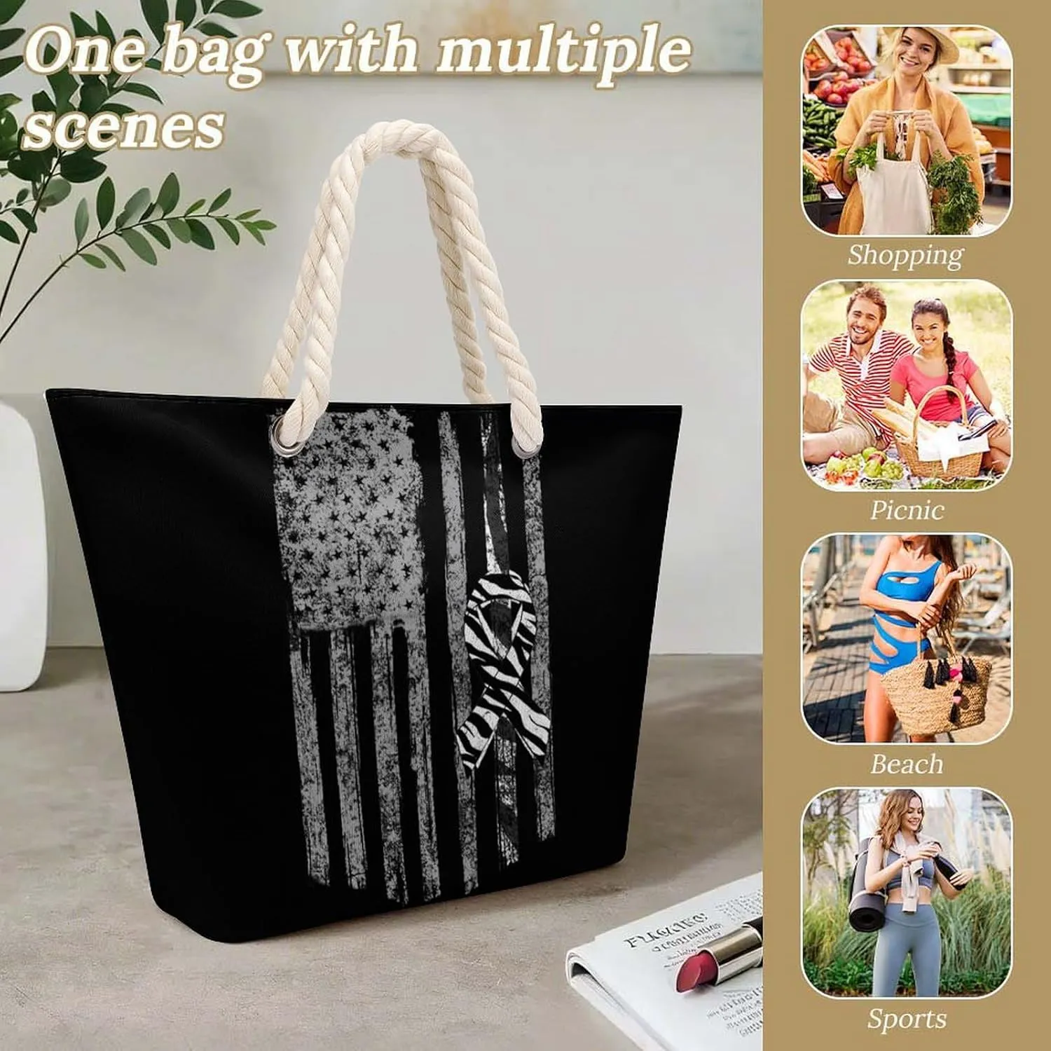 Tote Bag Large Handles Beach Bag with Zipper for Shopping Groceries Travel Outdoors Swim Pool Bag