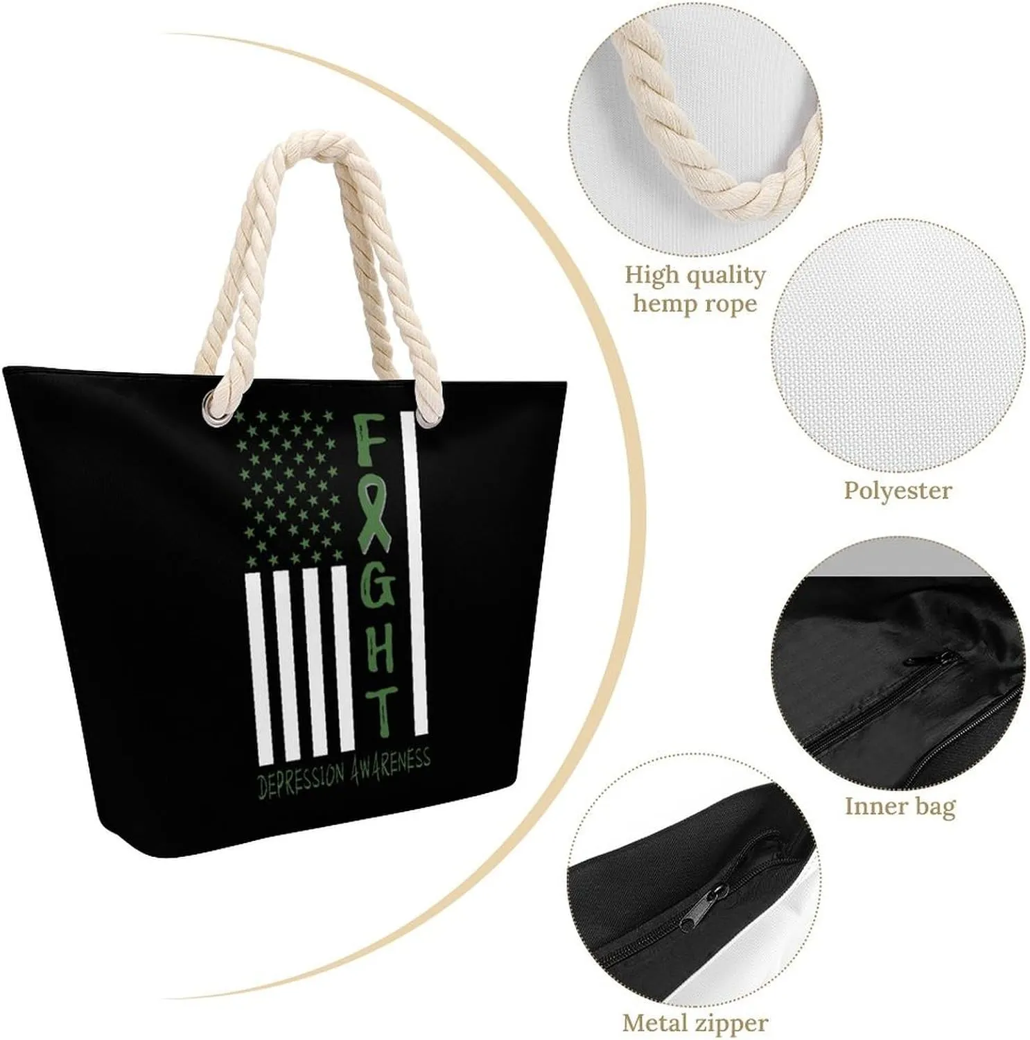 Tote Bag Large Handles Beach Bag with Zipper for Shopping Groceries Travel Outdoors Swim Pool Bag
