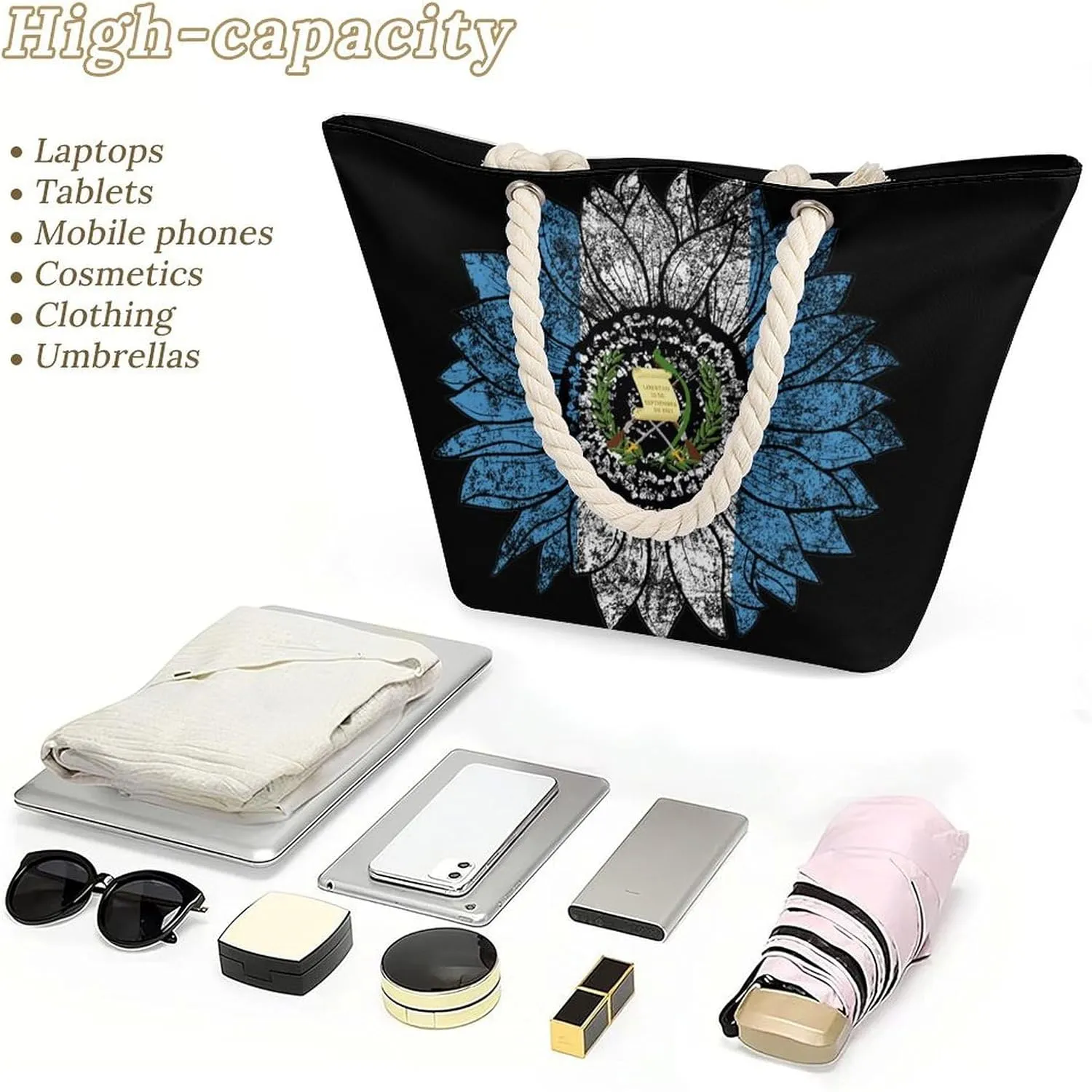 Tote Bag Large Handles Beach Bag with Zipper for Shopping Groceries Travel Outdoors Swim Pool Bag