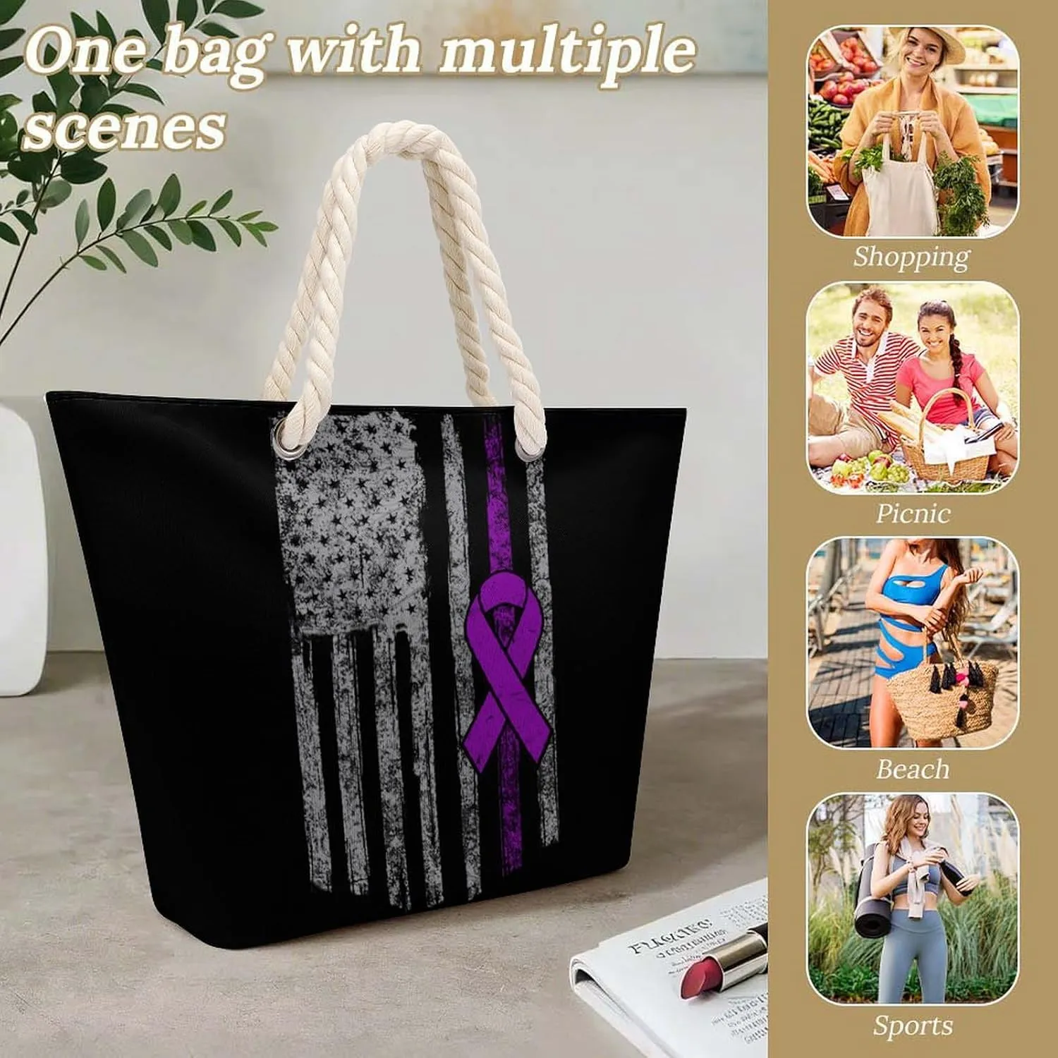 Tote Bag Large Handles Beach Bag with Zipper for Shopping Groceries Travel Outdoors Swim Pool Bag