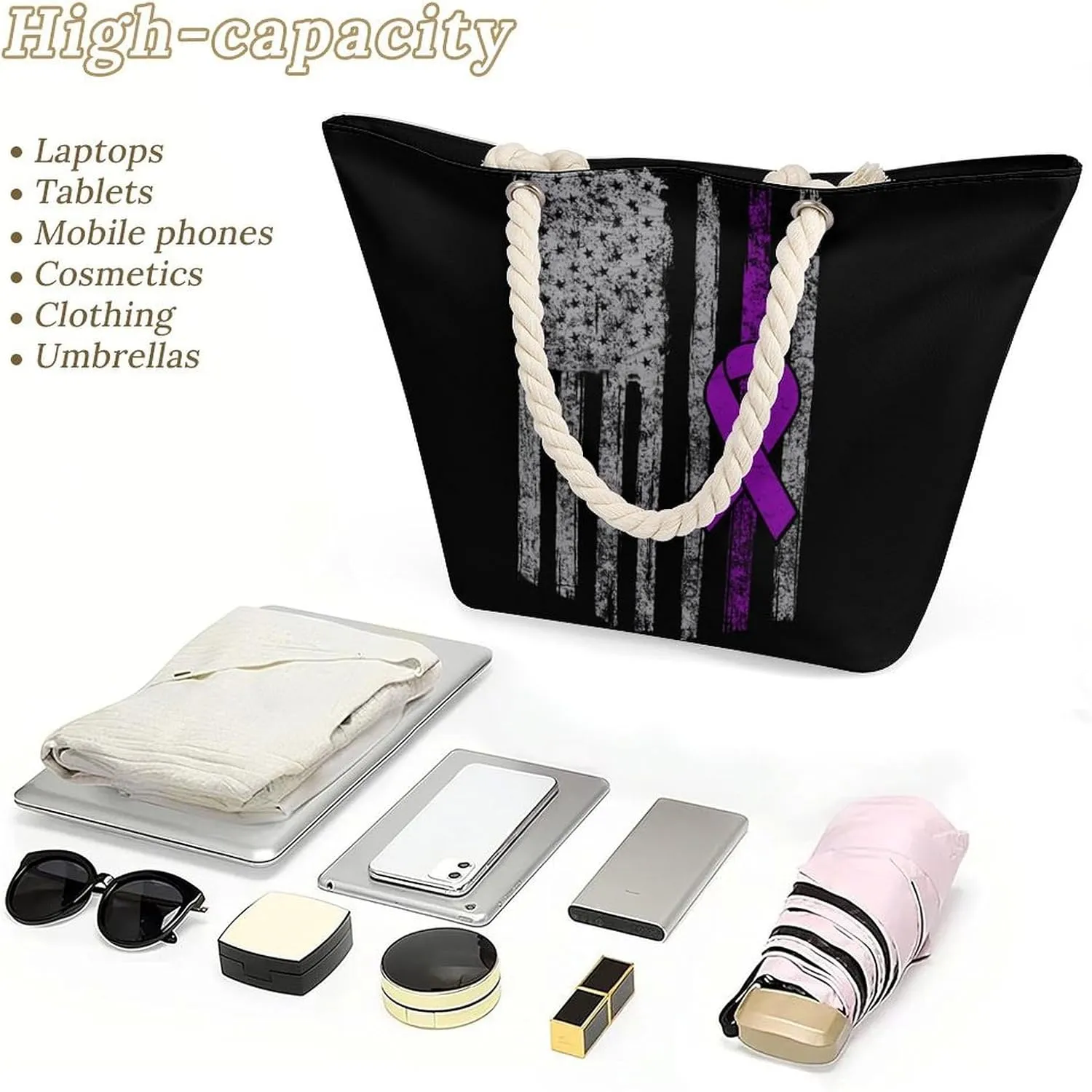 Tote Bag Large Handles Beach Bag with Zipper for Shopping Groceries Travel Outdoors Swim Pool Bag