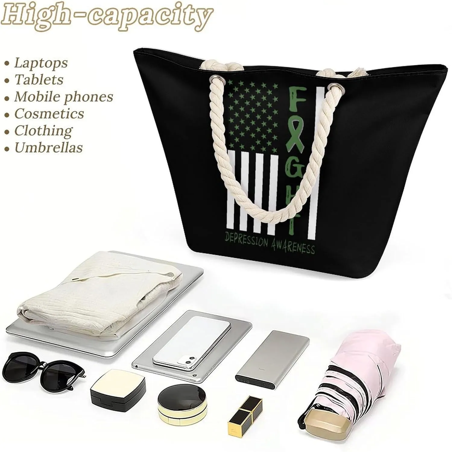 Tote Bag Large Handles Beach Bag with Zipper for Shopping Groceries Travel Outdoors Swim Pool Bag