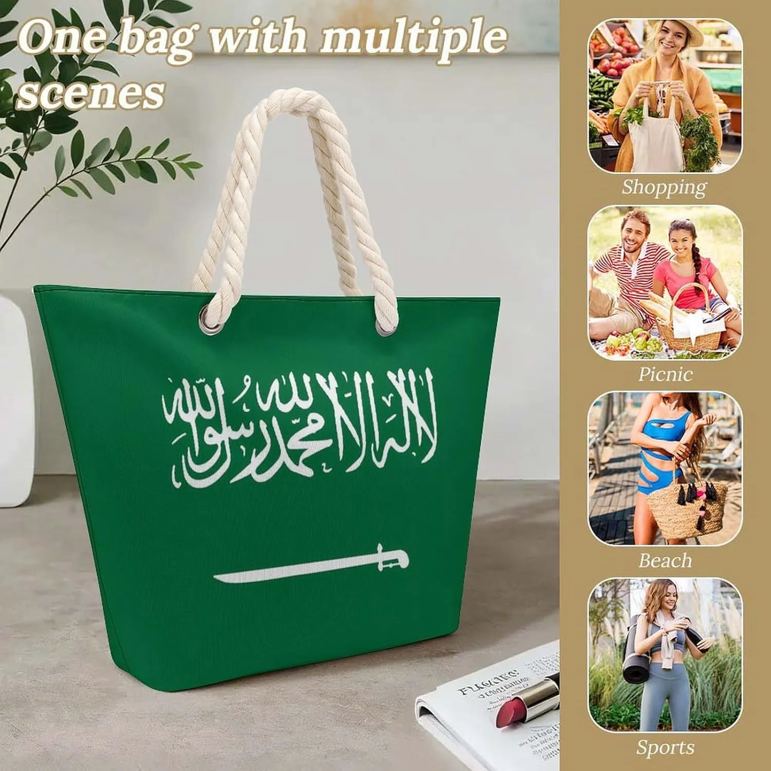 Tote Bag Large Handles Beach Bag with Zipper for Shopping Groceries Travel Outdoors Swim Pool Bag