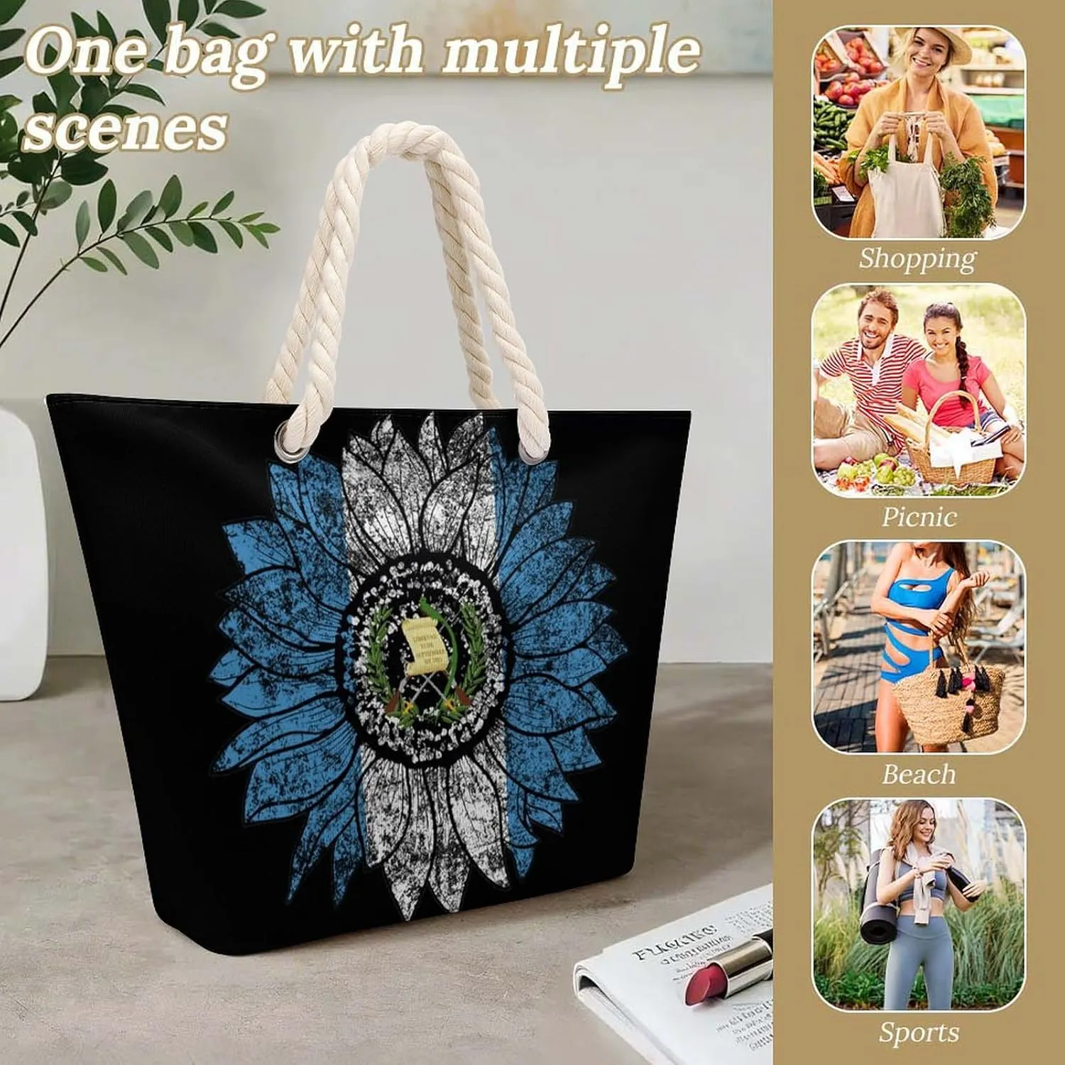 Tote Bag Large Handles Beach Bag with Zipper for Shopping Groceries Travel Outdoors Swim Pool Bag