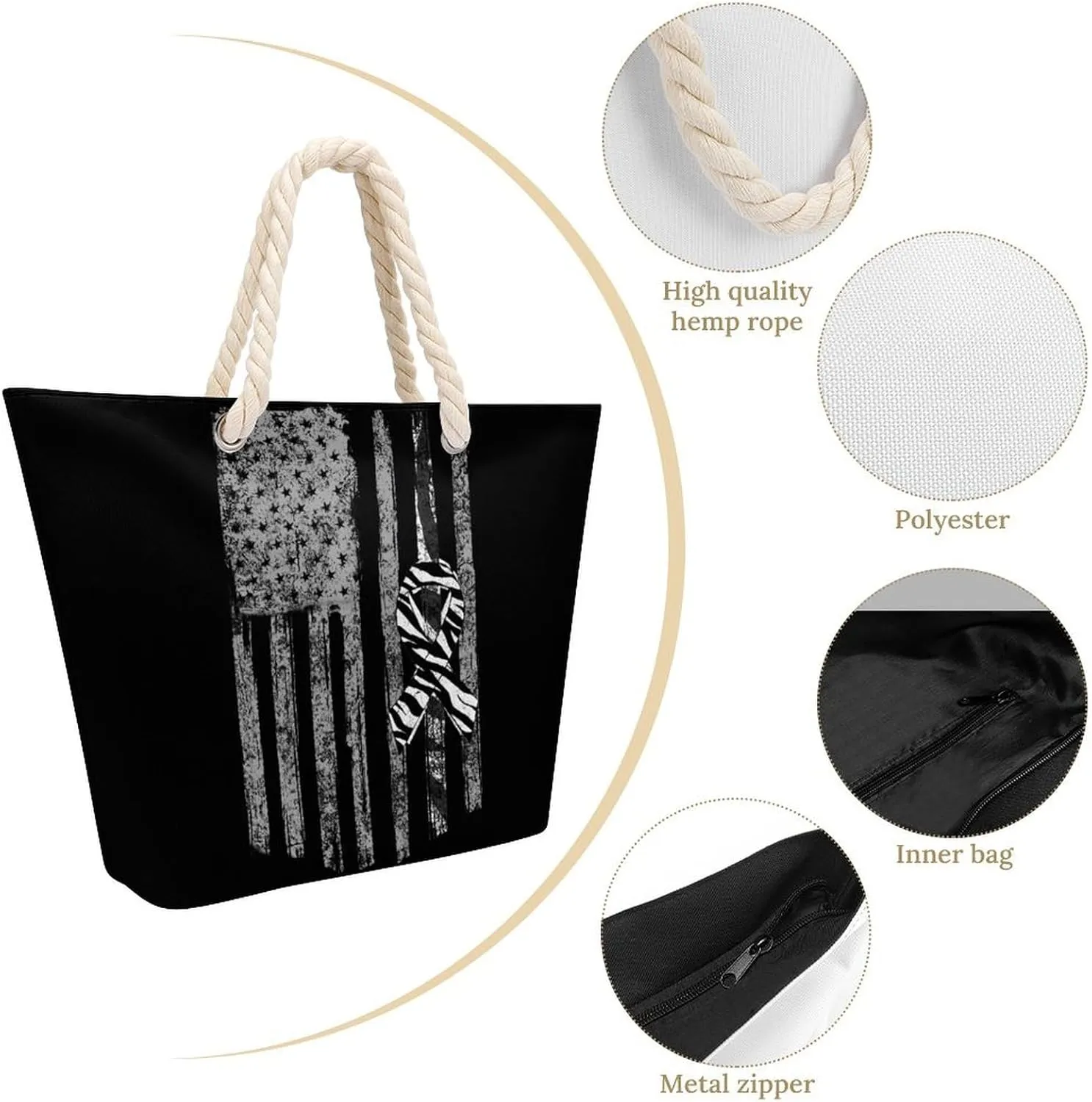 Tote Bag Large Handles Beach Bag with Zipper for Shopping Groceries Travel Outdoors Swim Pool Bag