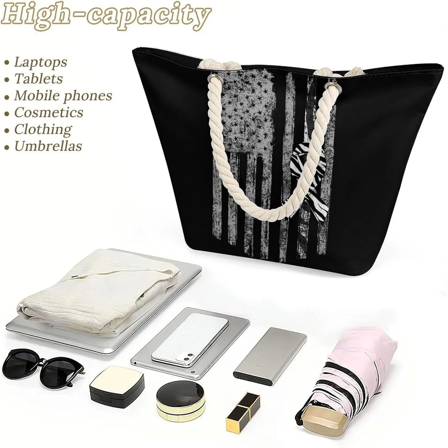 Tote Bag Large Handles Beach Bag with Zipper for Shopping Groceries Travel Outdoors Swim Pool Bag